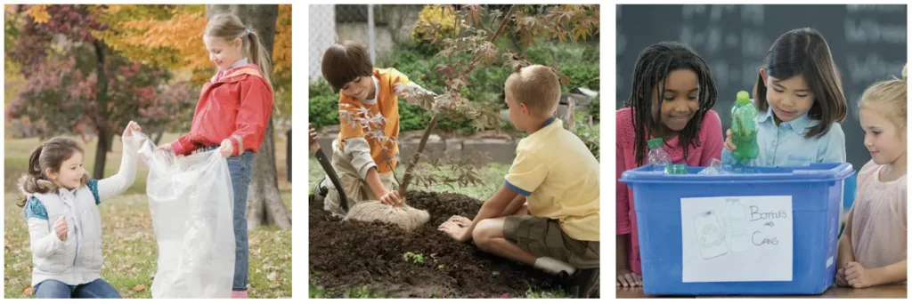 Niños recogiendo plásticos, plantando árboles y reciclando